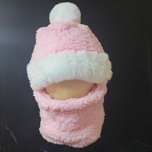 Pink and White Fuzzy Winter Hat w/face mask